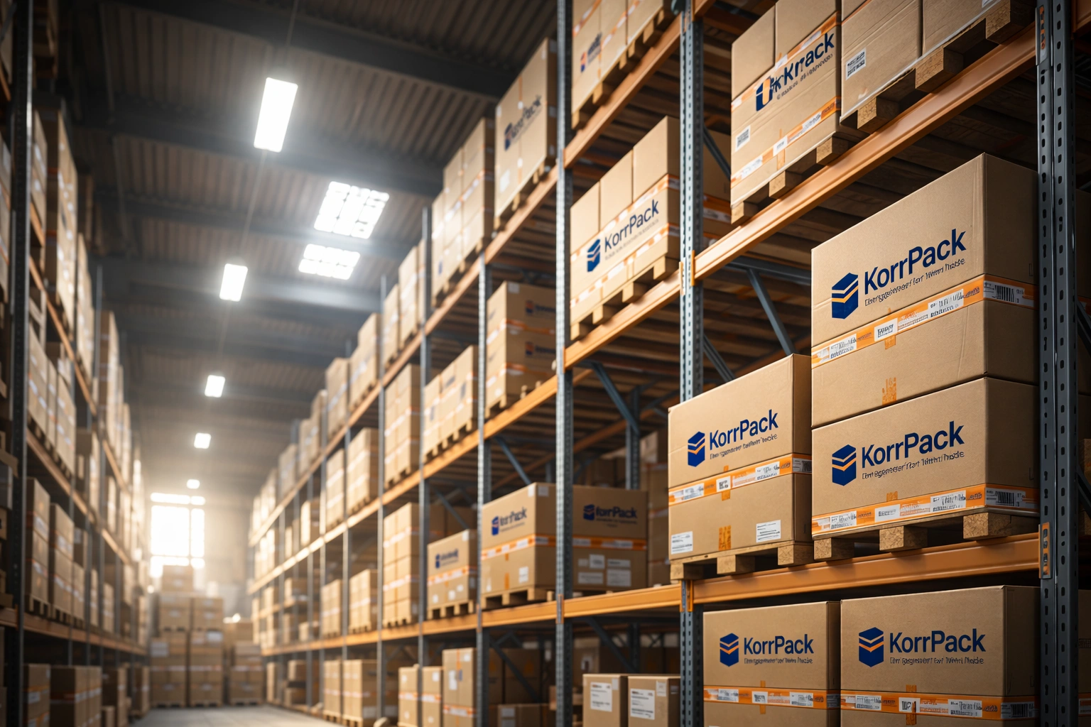 Industrial corrugated packaging boxes inside manufacturing warehouse